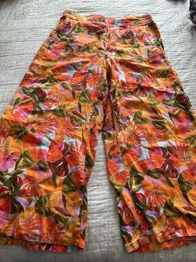 Vibrant Tropical Print Wide-Leg Pants - Orange, Pink & Green